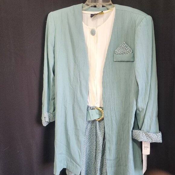 Vintage 80s 90s Teal Green Crinkle Midi Dress & Long Duster Jacket 2pc Set - Picture 2 of 16